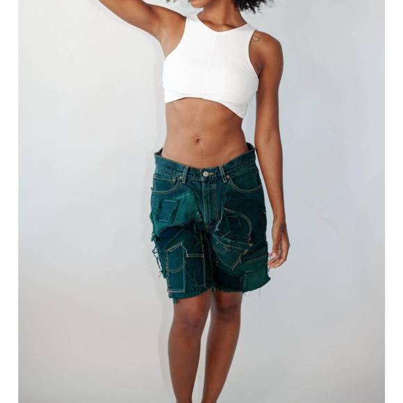 NEW KNOTWTR patched denim shorts in green